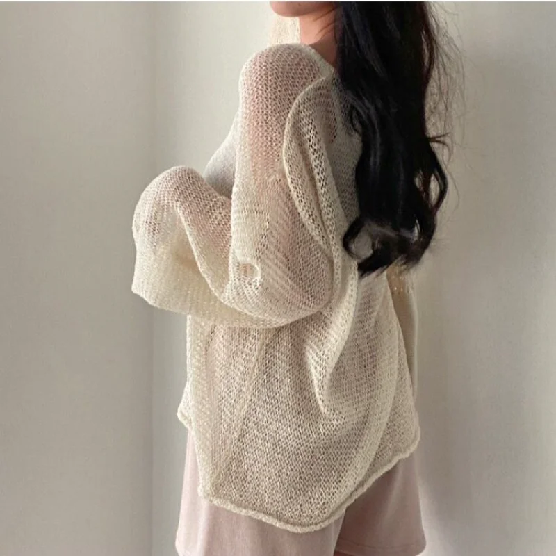 Thin Pullovers Women Knit Hollow Out Sunscreen Summer Cozy Design European Fashion Streetwear O-neck Y2k Clothes Baggy Свитер