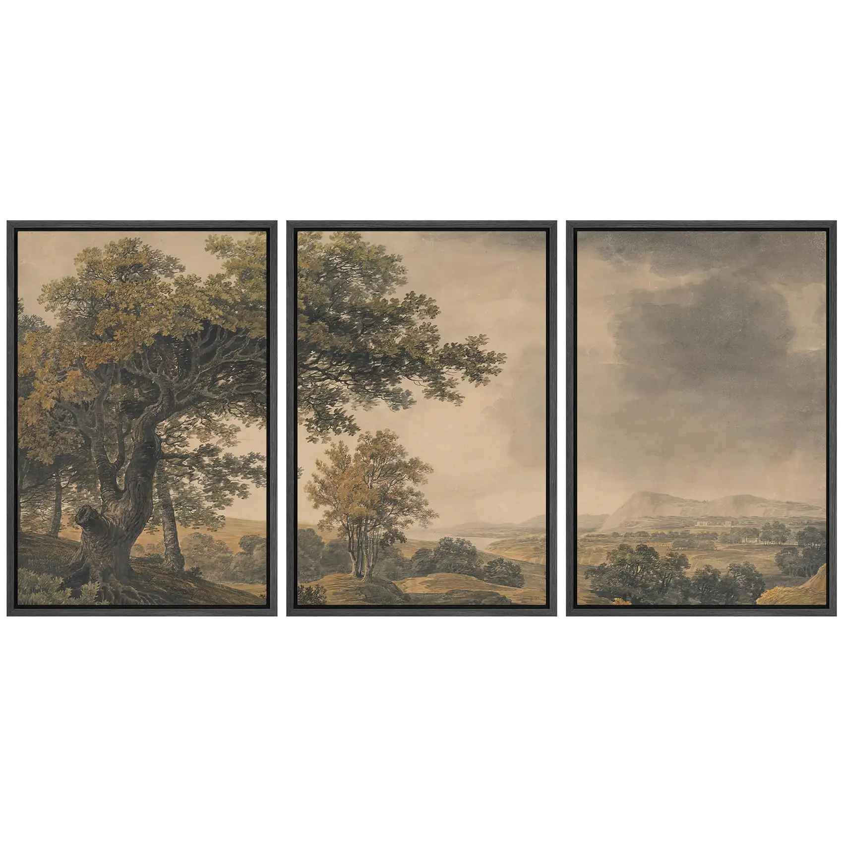 Fed Wall Art Print Set Vintage Landse Rustic Tree and Mountain View Illustrations Decorative Colorful for Living Room
