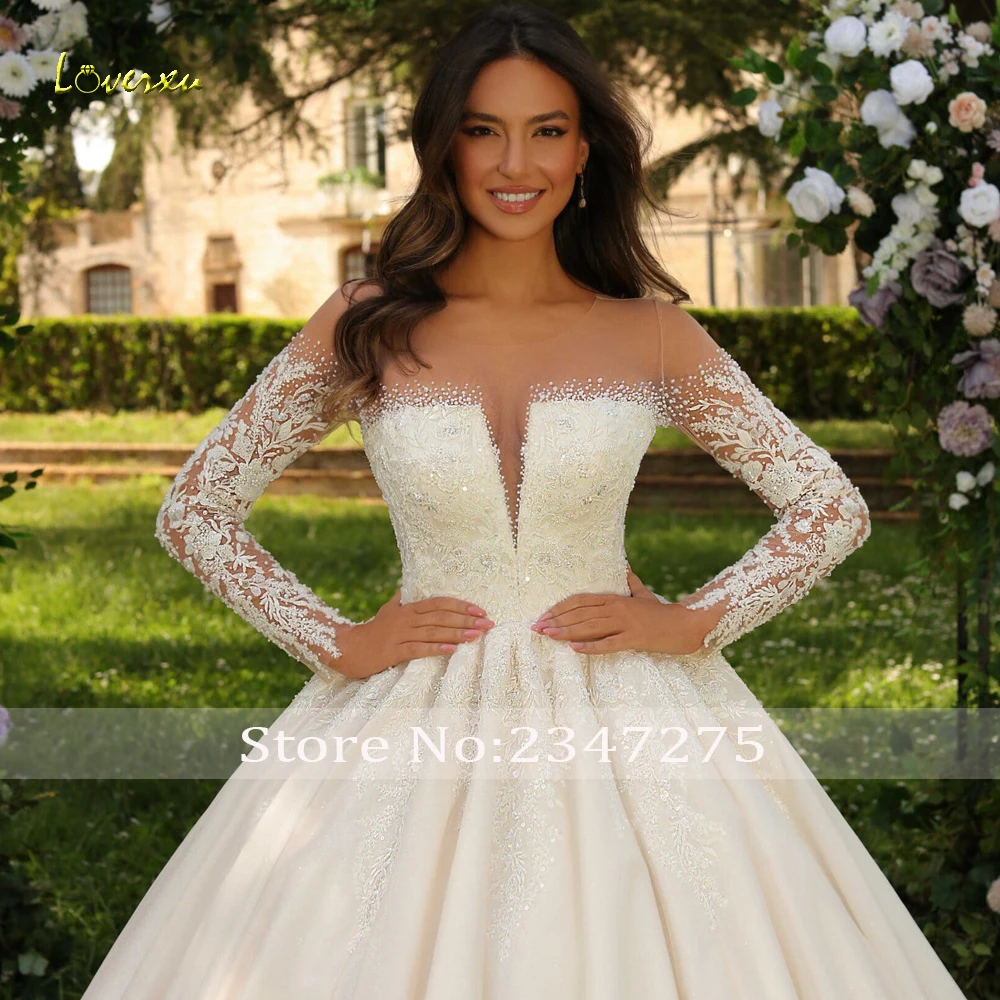 Loverxu vestido de baile princesa vestidos de casamento o pescoço manga longa vestido de novia renda frisado apliques feito sob encomenda vestido de noiva