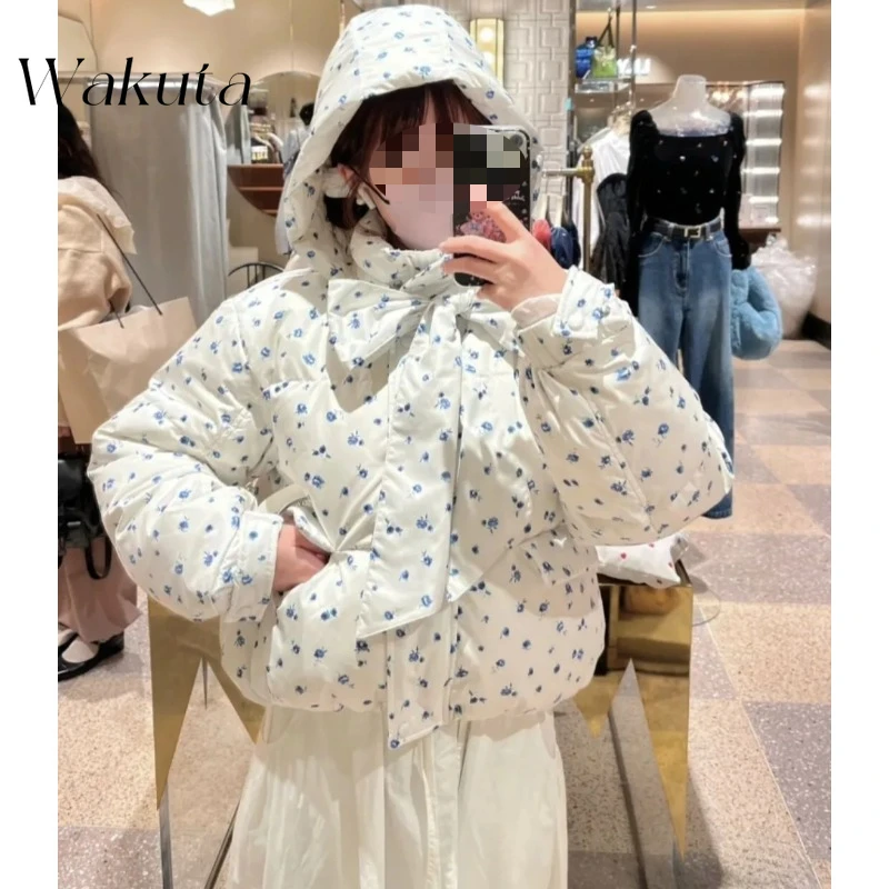 

WAKUTA Japanese Retro Hooded Long-sleeved Printed Down Parkas Fall/winter Bow Tie Cotton Coat Warm Zipper Ropa De Invierno Mujer