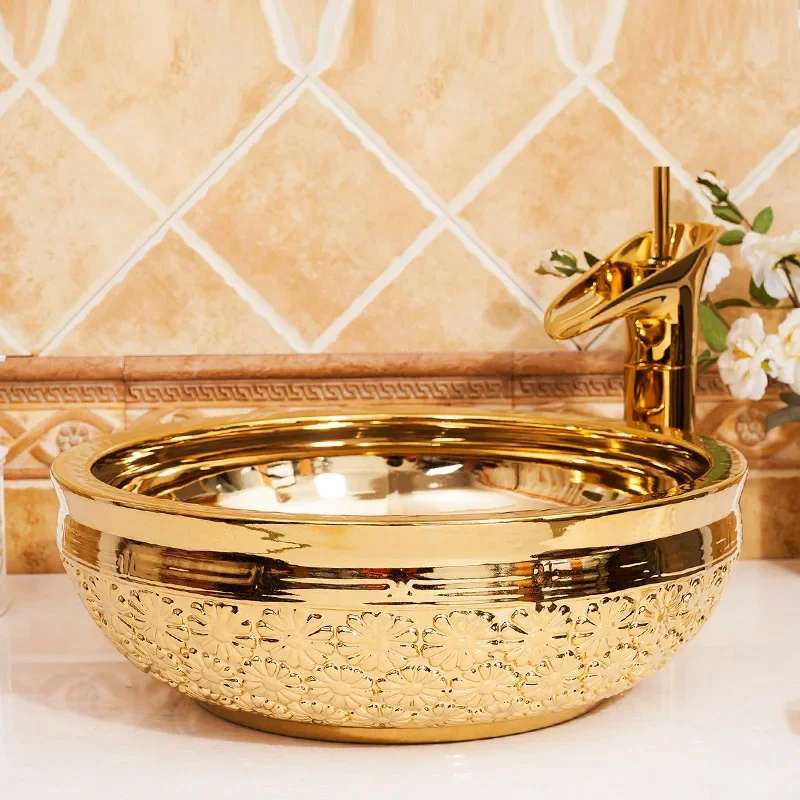 Jingdezhen ceramic table basin art basin engraved golden hand washbasin