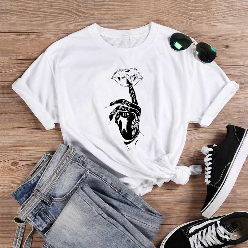 Shut The Up Gothic Women T-Shirt Grunge Satan Shirts Graphic Short Sleeve Tshirt Funny Casual Streetwear Tee Y2k Clothes Tops