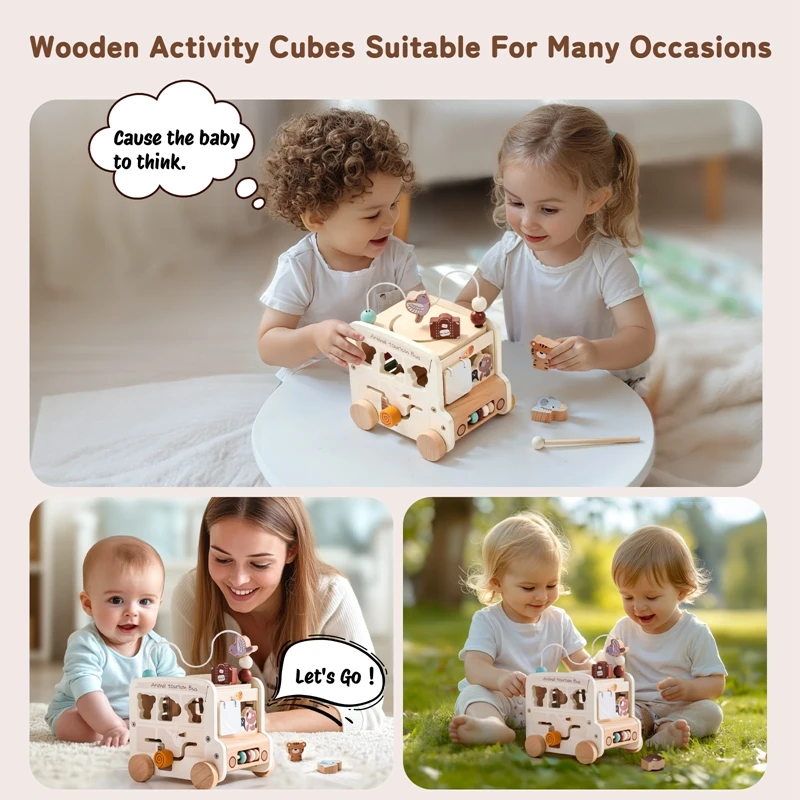 Baby Wooden Montessori Toy Baby Five-in-on Car Toy Polyhedron Busy Bus Toy Kids Early Education Hand Brain Sense Organ Toys Gift