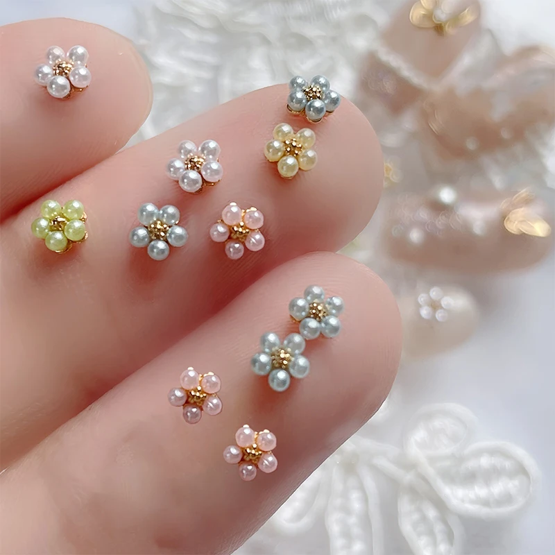 Mini White Pearl Flower Nail Charms Flat Back Nail Studs Rhinestone Manicure Bowknot Buttwerfly Alloy 3D Nail Tips Decoration