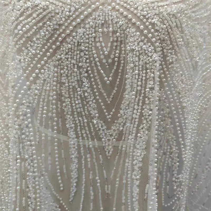 Latest Beaded Lace Fabric High Quality Shining Sequins Mesh Fabric Bridal Wedding Dress Soft Lace