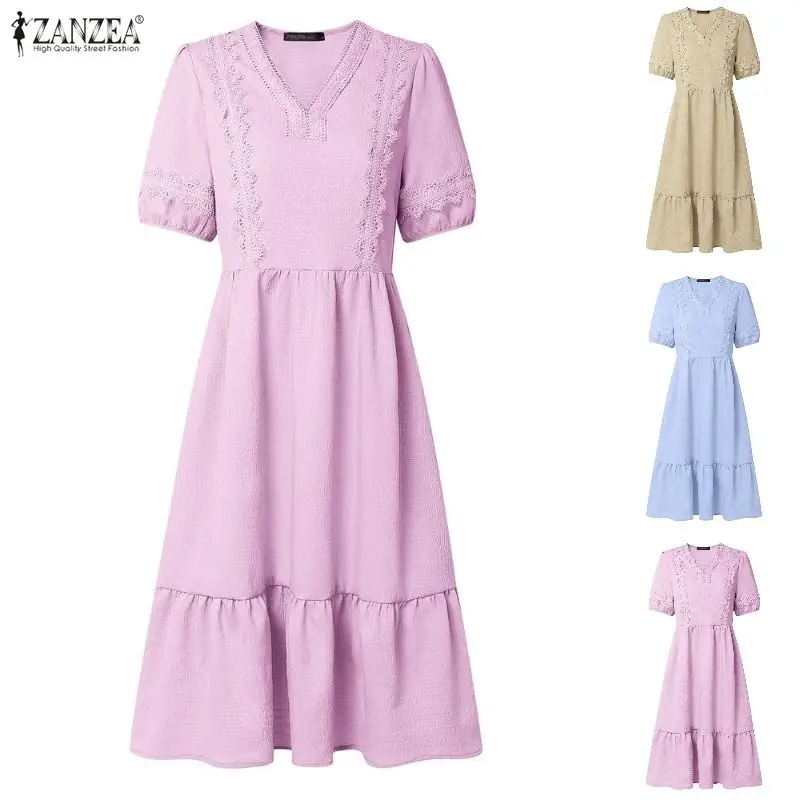 

ZANZEA Women Summer Dress Stylish Casual Holiday Party Sundress Patchwork Knee Length Robe Elegant V Neck Short Sleeve Dresses