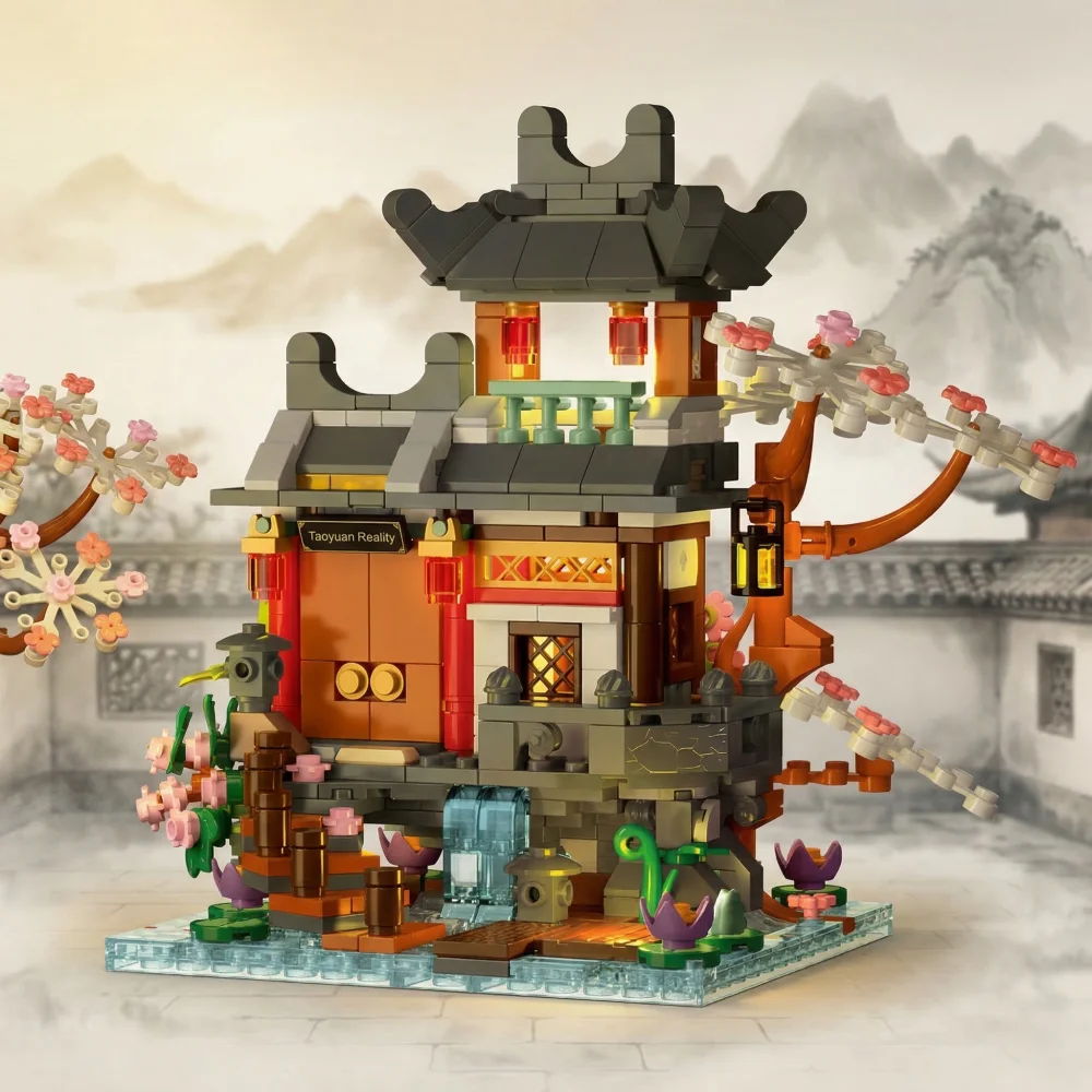 

MOC Creative Peach Blossom Three in One Chinese Style Building Blocks with Light STEM Educational DIY Model Kit Gift for Kids