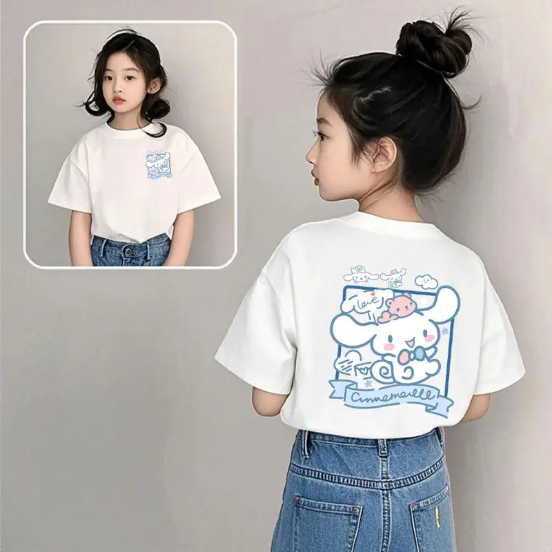 

2026 Summer Cinnamoroll Kids T-Shirt Cute Cartoon Print Tee For Boys Girls Casual Short Sleeve Top White Double-sided