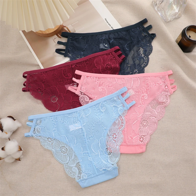 FINETOO 3PCS Women Lace Floral Underpants Sexy Triple Belts Panties Female Low-Waist Perspective Briefs Soft Lingerie Underwear