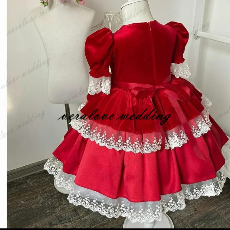 Kosovo Red Velvet Flower Girl Dress Short Sleeves Lace Appliques Girl Wedding Party Dress Prom Wear Customized