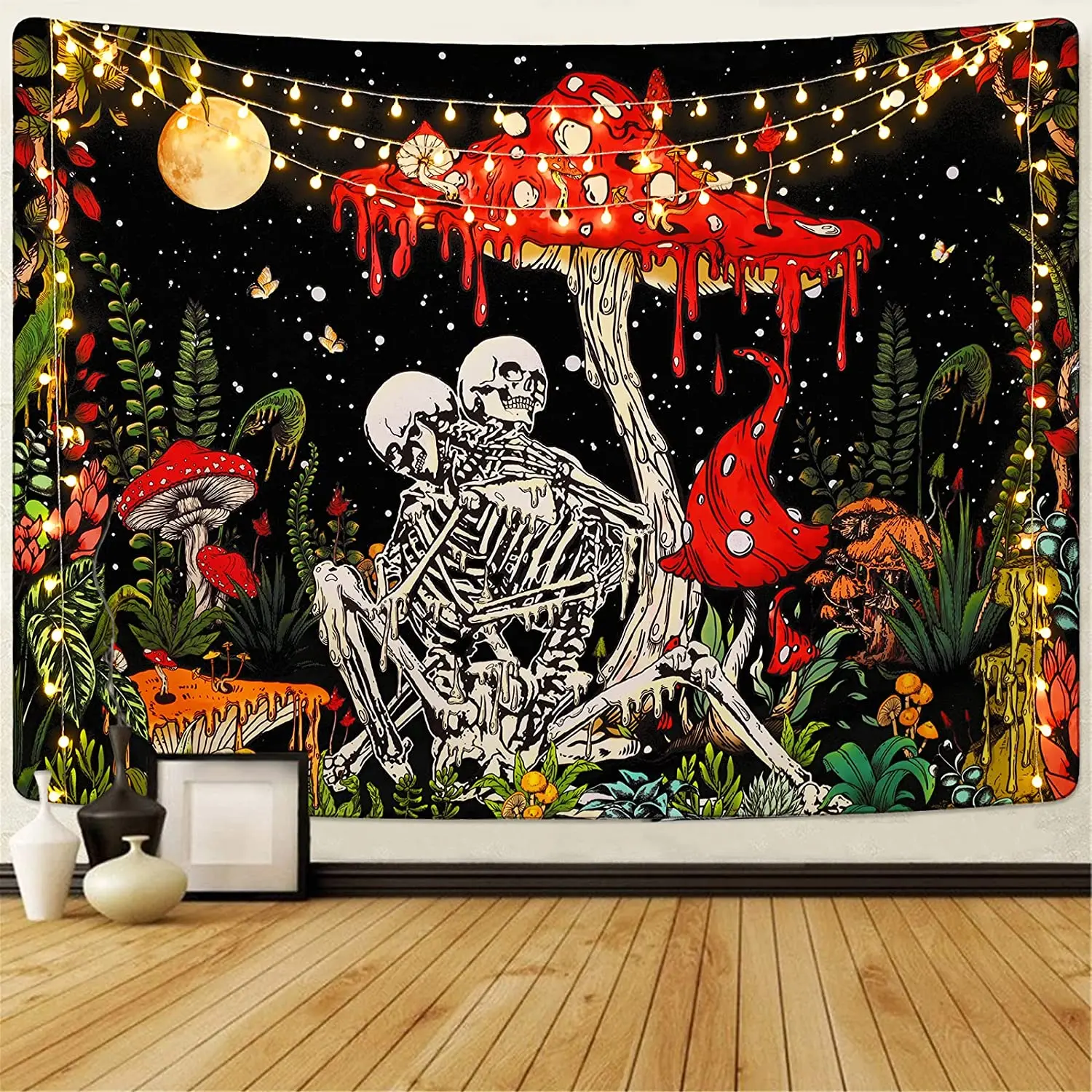 

Skull Mushroom Tapestry Skeleton Lovers Tapestries Vintage Plants Moon Hippie Gothic Wall Hanging for Bedroom Aesthetic Decor