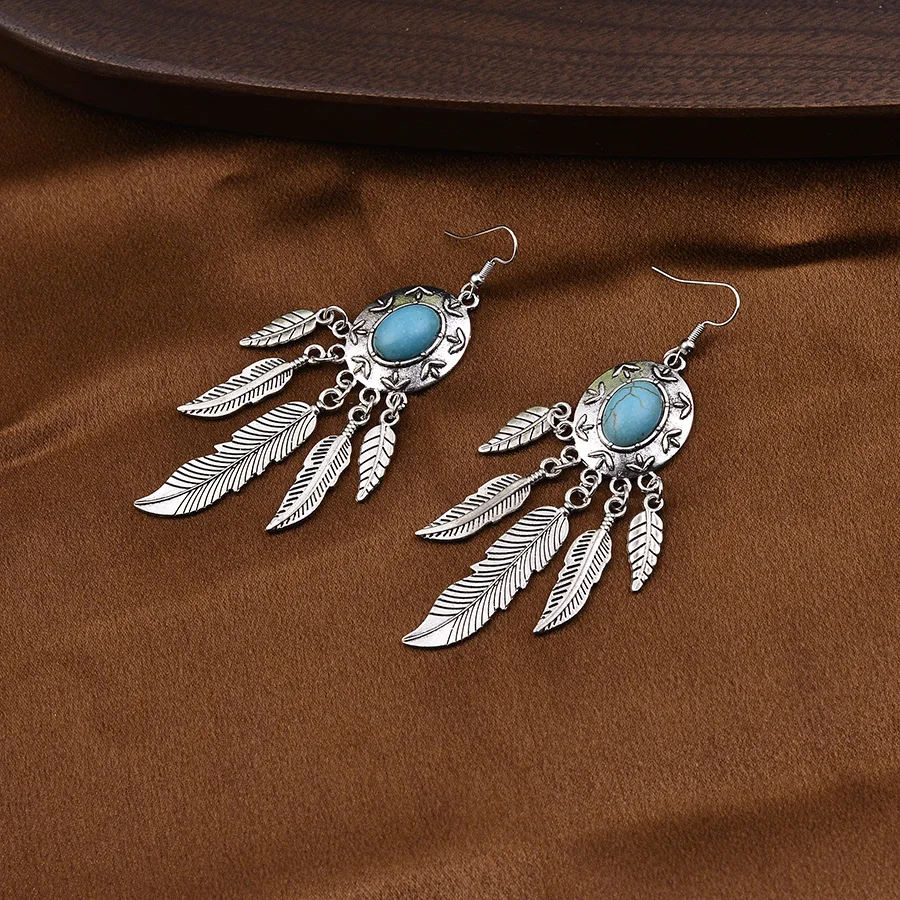 DIY accessories Hot-selling new retro ethnic style turquoise round leaf pendant earrings exquisite temperament elegant ear jewel