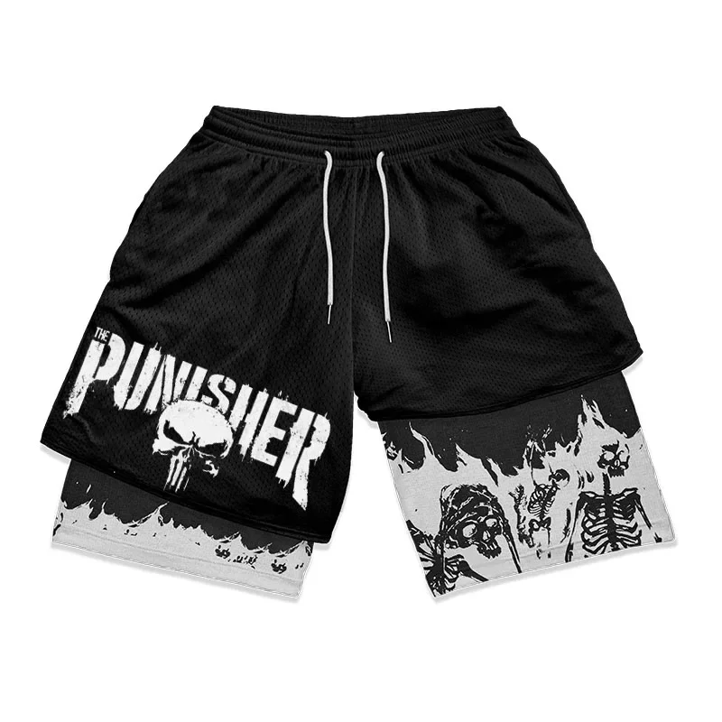 Marvel\'s The Punisher Gym Shorts Men Fitness Y2K Quick Dry 2 in 1 Performance Shorts Summer Athletics Compression Short Pants