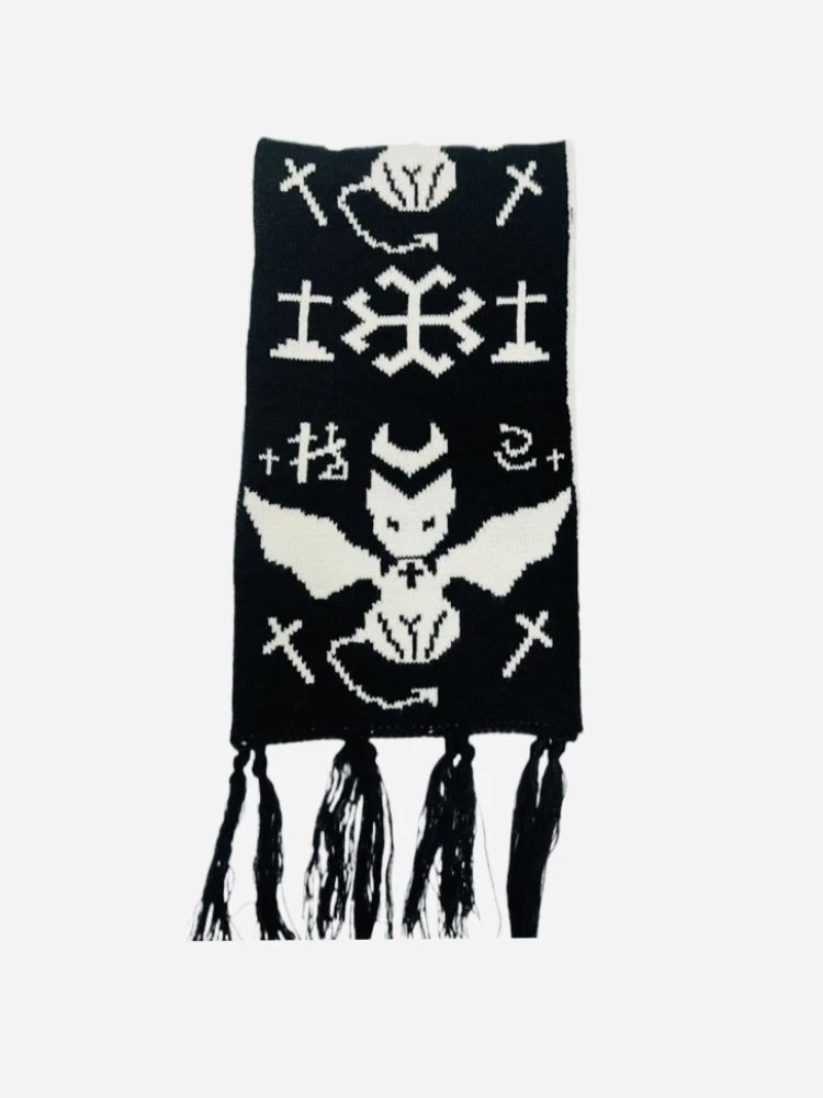 Y2k Aesthetic Girl Cat Printing Scarf Harajuku Two-sided Warmth Tassels Neckerchief Japanese Individuality Streetwear Scarves