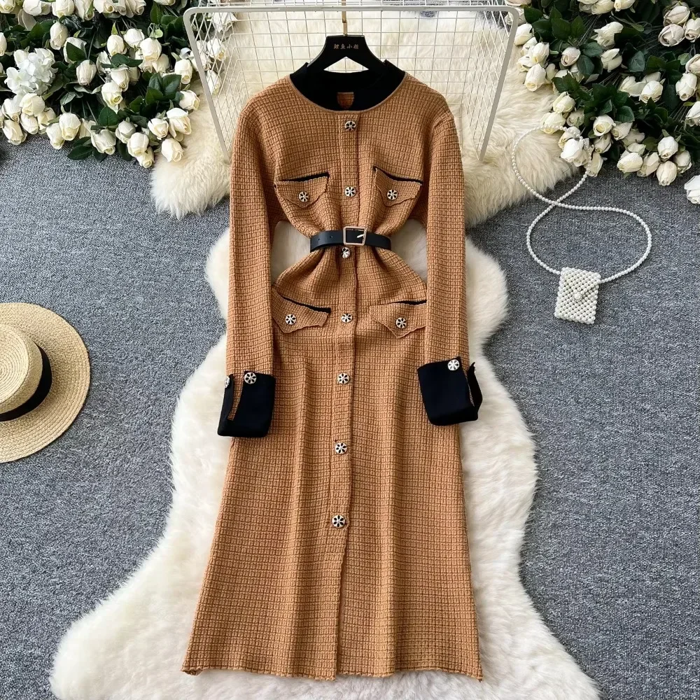 

Office Lady High Street Winter Clothing Elegant Long Sleeves Vintage O-neck Chic Single Breasted Sashes Slim Knit Long Dresses