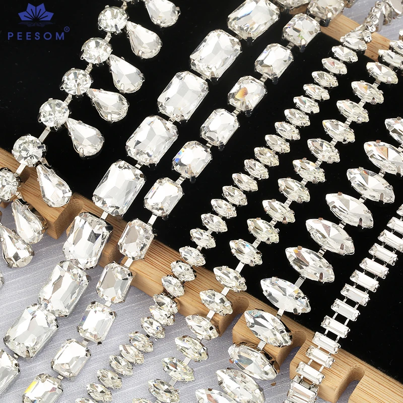 PEESOM 4x8/5x10mm oko konia kryształowe wykończenia ze strasem łańcuszek Sliver szklana aplikacja ze strasem łańcuszek Diy przyszyć wykończenia suknia ślubna