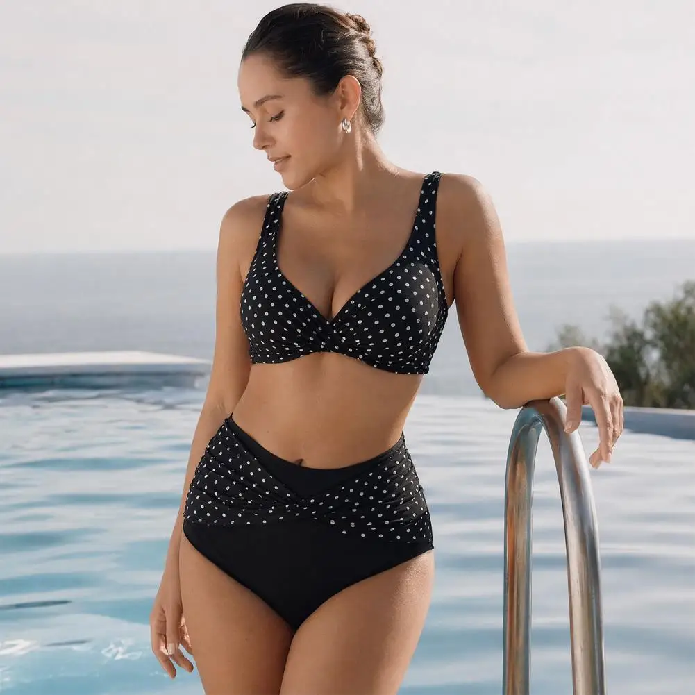 Retro Dot Print Plus Size Bikini Set 2026 New Cross-Chest V-Neck Bra Built-In Support High-Waisted Twist Swim Bottoms Swimwear view 3
