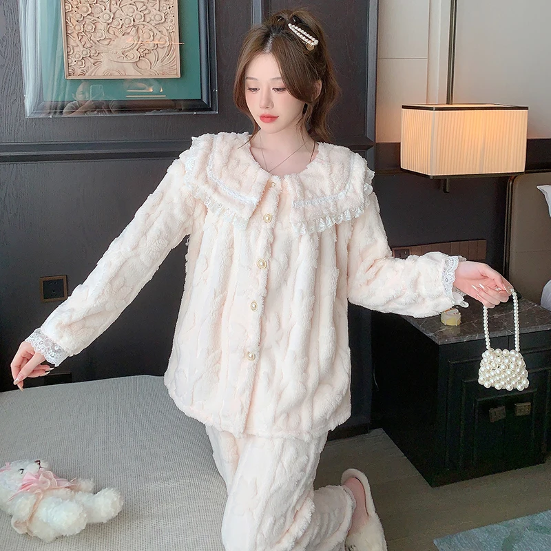 Spring Autumn New Plush Warm Women\'s Pajamas Lace Lapel Cardigan 2 Piece Outfit Set Women Sweet Solid Color Pajamas for Girls