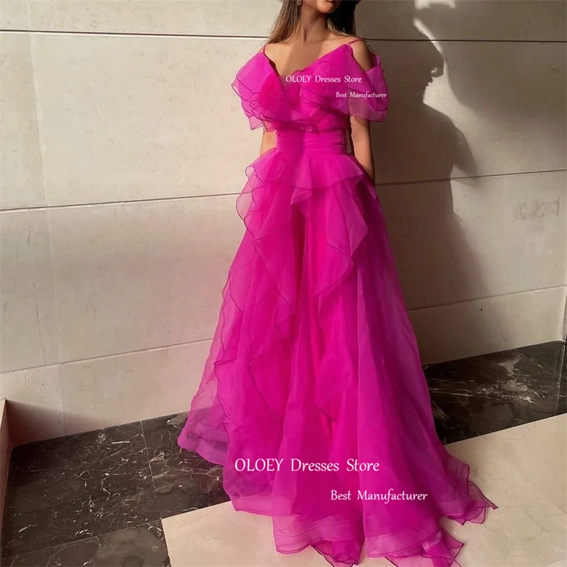 Oloey 2023 Fushcia Fuschia Organza Lange Prom Jurken Ruches Mouwen Vloer Lengte Prinses Avondjurken Formele Feestjurk