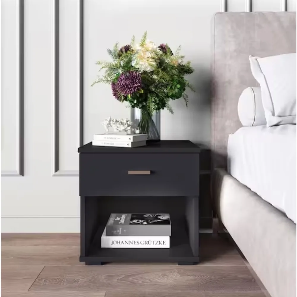 

1-Drawer Modern Nightstand with Storage Cubby, Walnut;This bedside table arrives in one box and assembles in 30 minutes or less.