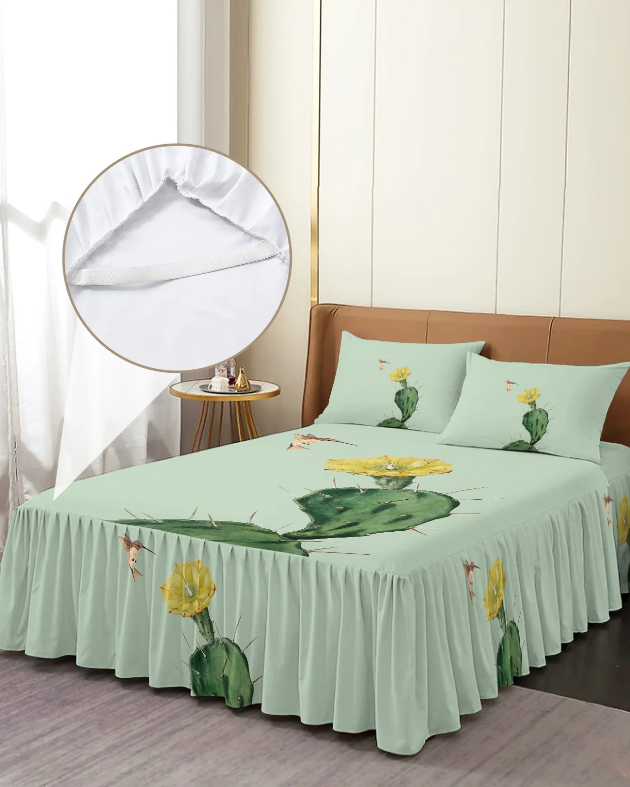 Cactus Yellow Flower Hummingbird Bed Skirt Elastic Fitted Bedspread With Pillowcases Mattress Cover Bedding Set Bed Sheet