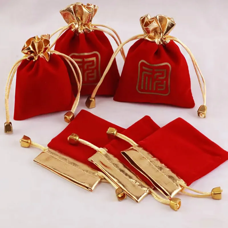 

Красная бархатная сумка на заказ, золотая сумка для макияжа, ювелирных изделий, мешочек для дня рождения, свадьбы, вечеринки, мешочек для конфет