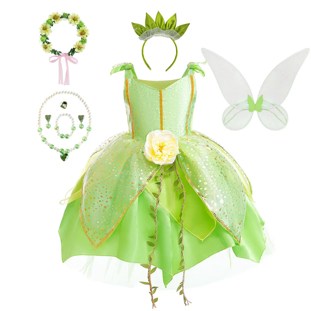 Christmas Fairy Costume for Girls 2023 Princess Tinker Bell Dress Elf Wings Headband Wand Toddler Fancy Birthday Party Gowns