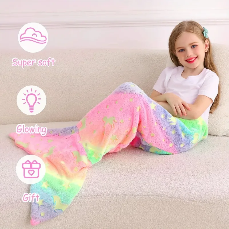 

Cartoon Rainbow Unicorn Mermaid Tail Blanket Super Soft Glow in The Dark Flannel Mermaid Tail Blanket Gifts for Girls