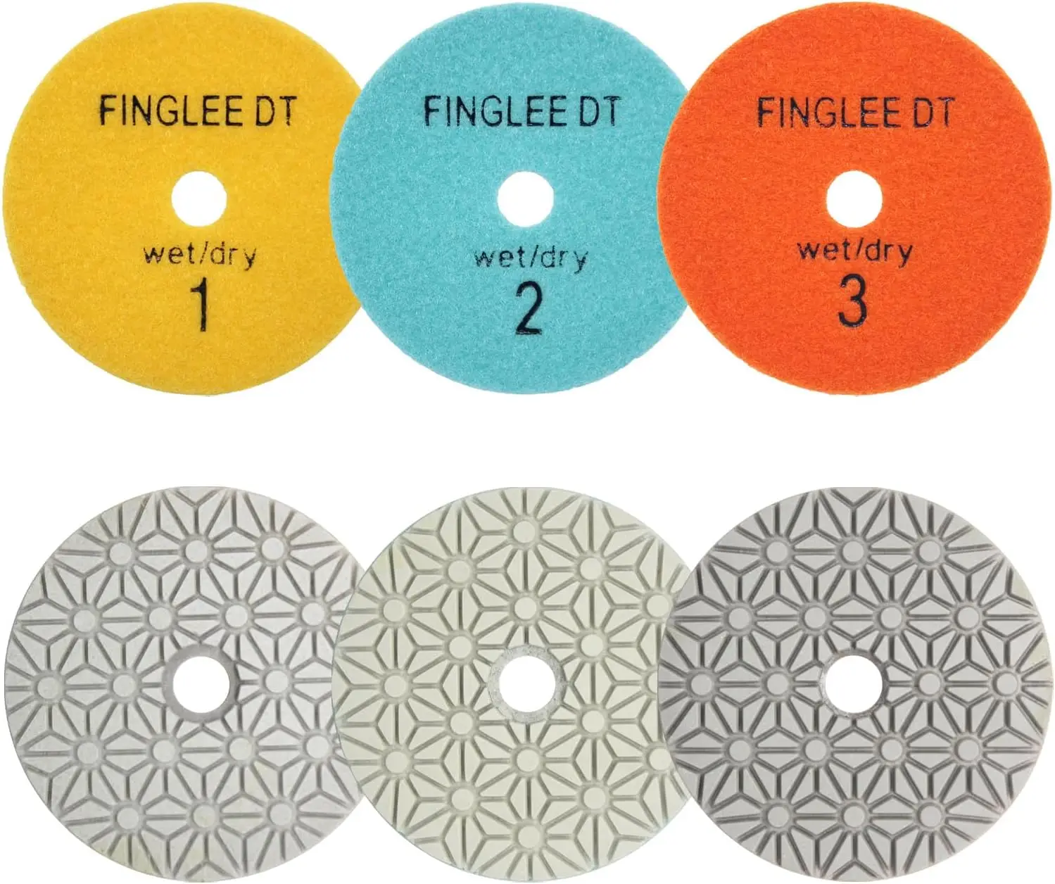 FINGLEE DT 4 inch 3 Steps Diamond Dry Polishing Pad Diamond Resin Discs for Granite Marble Quartz (1pc of Each grit)