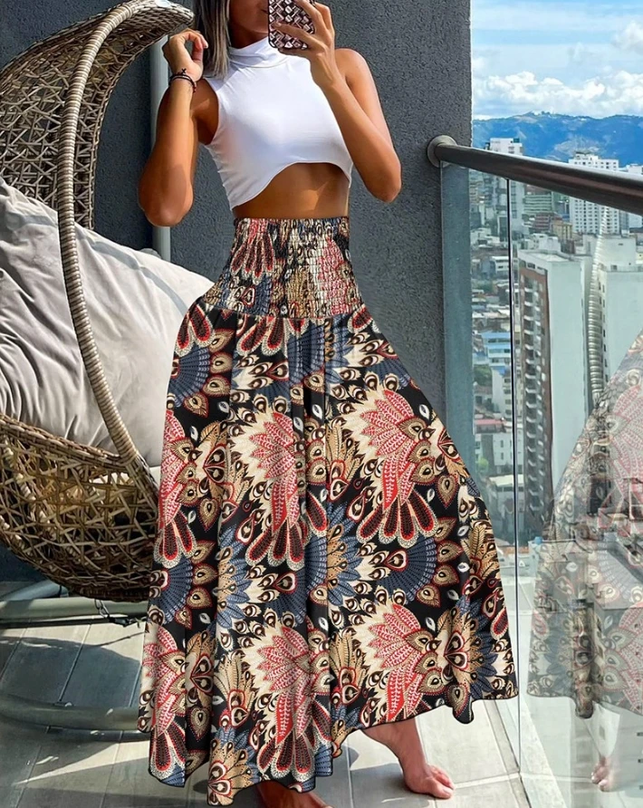 

Women's Skirt 2024 Summer Vintage Tribal Floral Print High Waist Shirred Casual Boho Vacation Long Skirt Y2K Streetwear