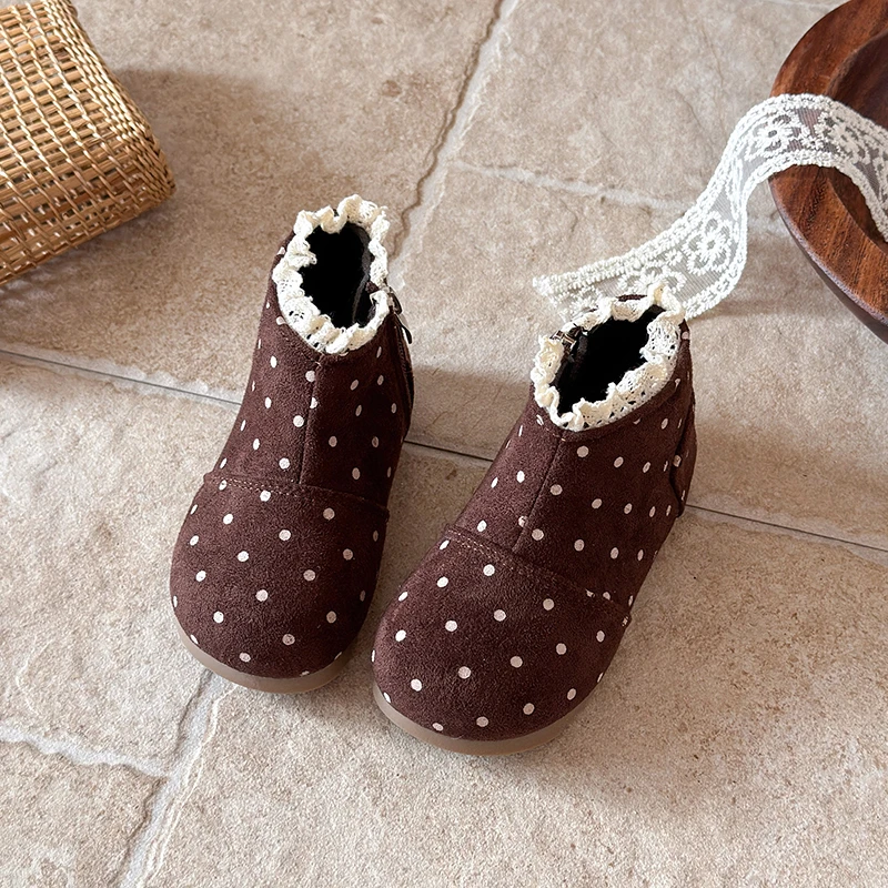 Toddler Girls Winter Ankle Boots, Polka‑Dot Suede‑Like Upper Lace Ruffle Collar Warm Fleece Lined Side Zipper Princess