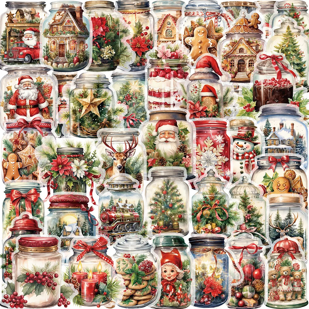 10/50pcs Vintage Christmas Bottle Santa Claus Stickers Aesthetic Waterproof Transparent PET Gift Decorative Guitar Sticker Toy