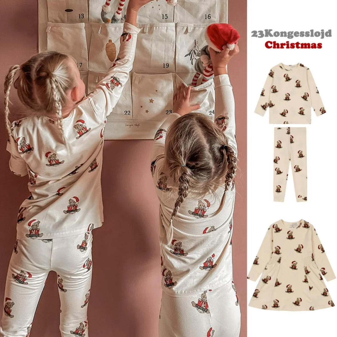 

Jenny&Dave Stock 23 Christmas Bear Collection Autumn/Winter New Children's Wear Full Print Long sleeved Pants Set Cartoon Dress