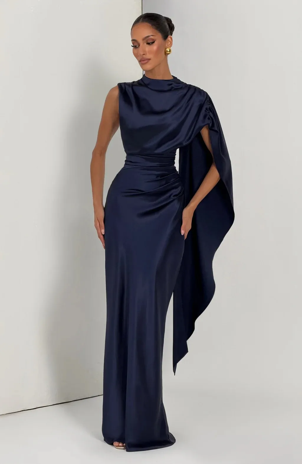 Women High Neck Satin Mermaid Evening Dress Cape Sleeve Draped Ruched Corset Lace‑Up Back Long Formal Bridesmaid Gown