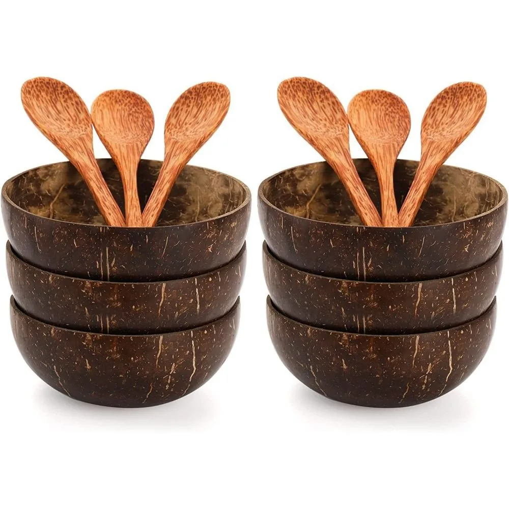 

New Natural Coconut Bowls Wooden with Spoon Salad Bowl Coconut Shell Eating Tableware Utensils Dessert