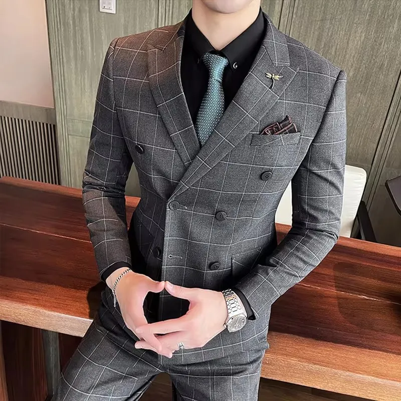 New Men\'s Fashion Boutique Classic Plaid Men\'s Formal Business Suit Blazer and Pants Groom Wedding Dress Double Breasted Suit