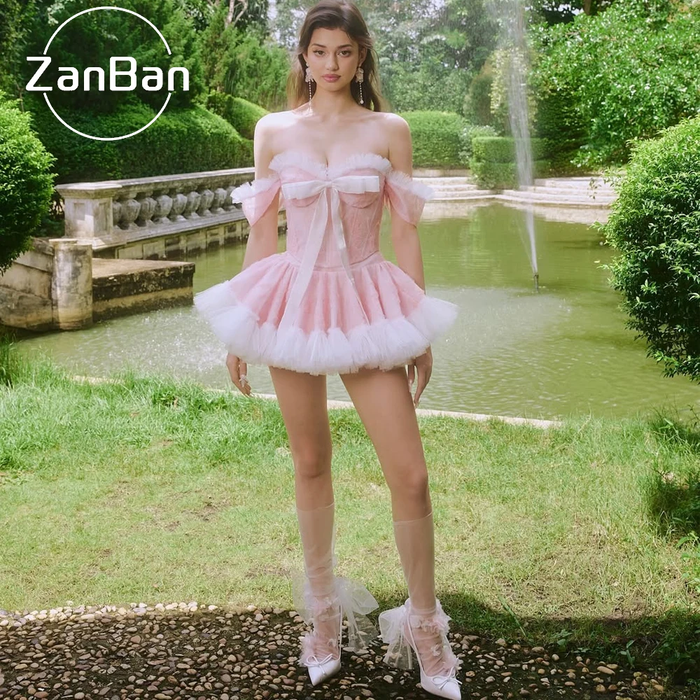 ZanBan Princess Pink Tulle Party Dress Off-Shoulder Bow Lace Ruffle 2026 Evening Gown Puffy Style Mesh Short Birthday Prom Dress