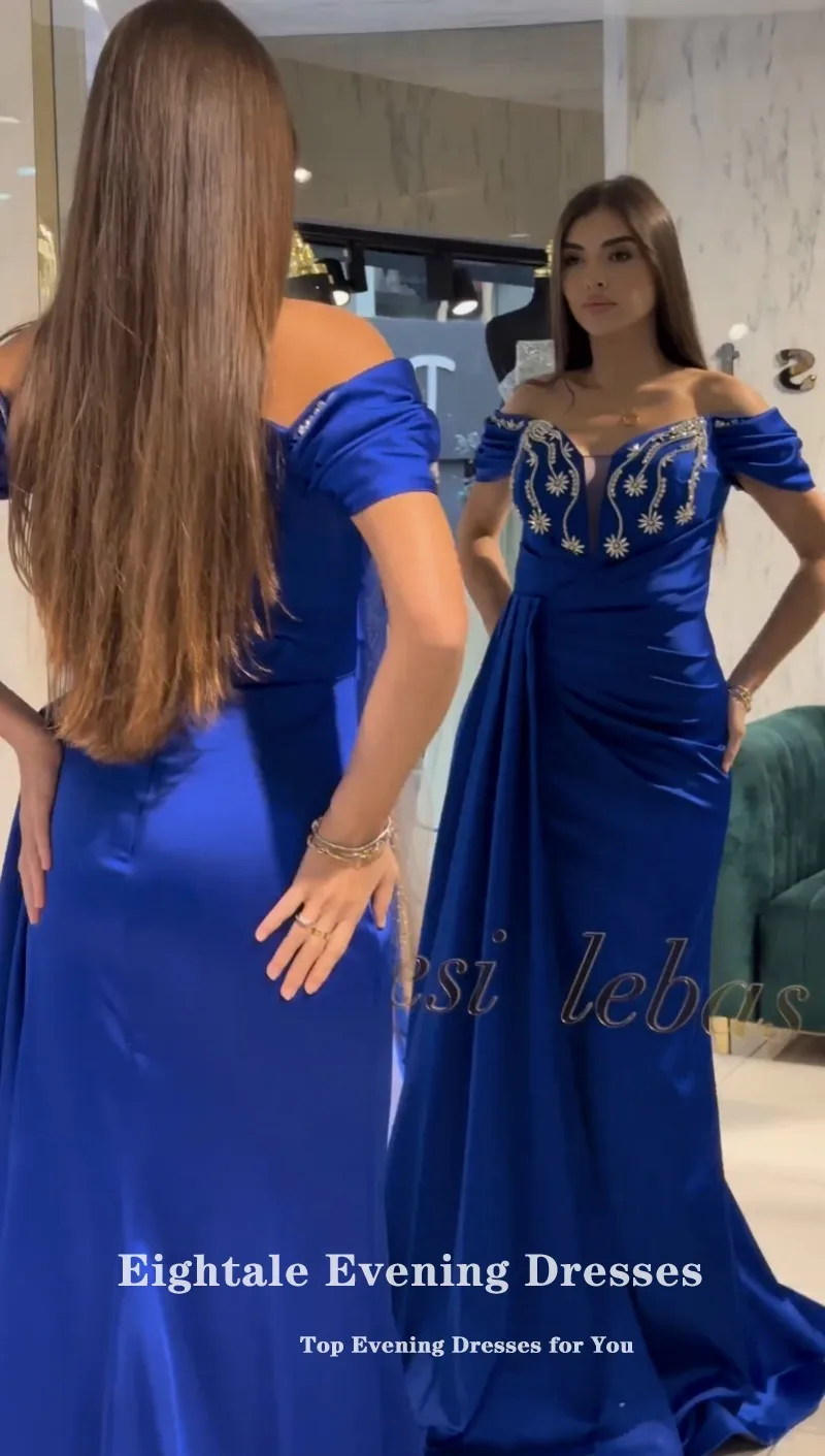 Eightale Royal Blue Evening Dresses Sweetheart Beaded Off the Shoulder Arabic Mermaid Prom Party Gown Wedding Vestidos De Gala