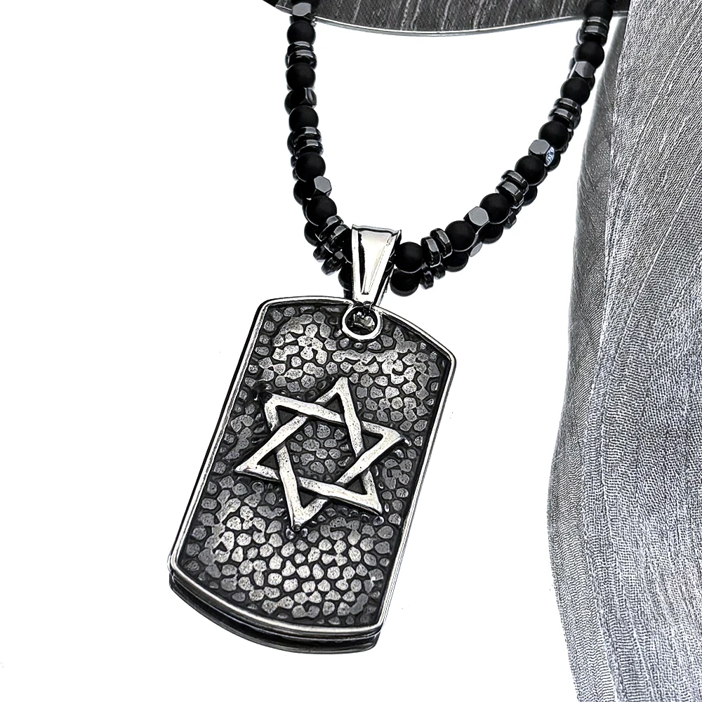 Israel Hebrew Star of David Dog Tag Pendant Necklace for Women Men Stainless Steel Gun Black Jewish Hematite Chain Jewelry Gift