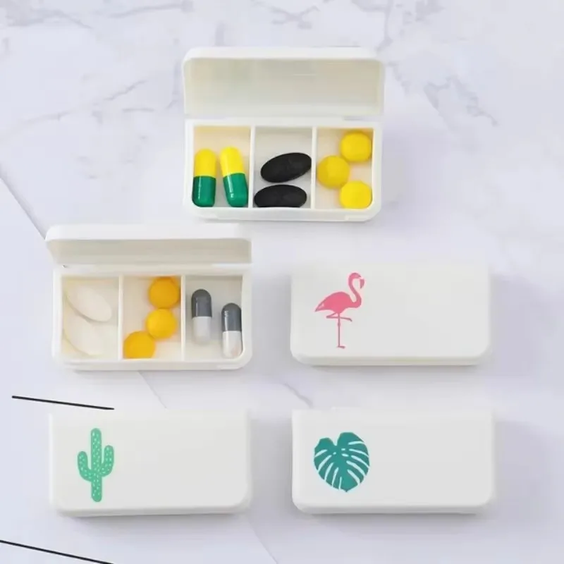 Lovely Printed 3 Grid Portable Pill Container Sealed Cover Medicine Storage Box Travel Outdoor Daily Carry Case