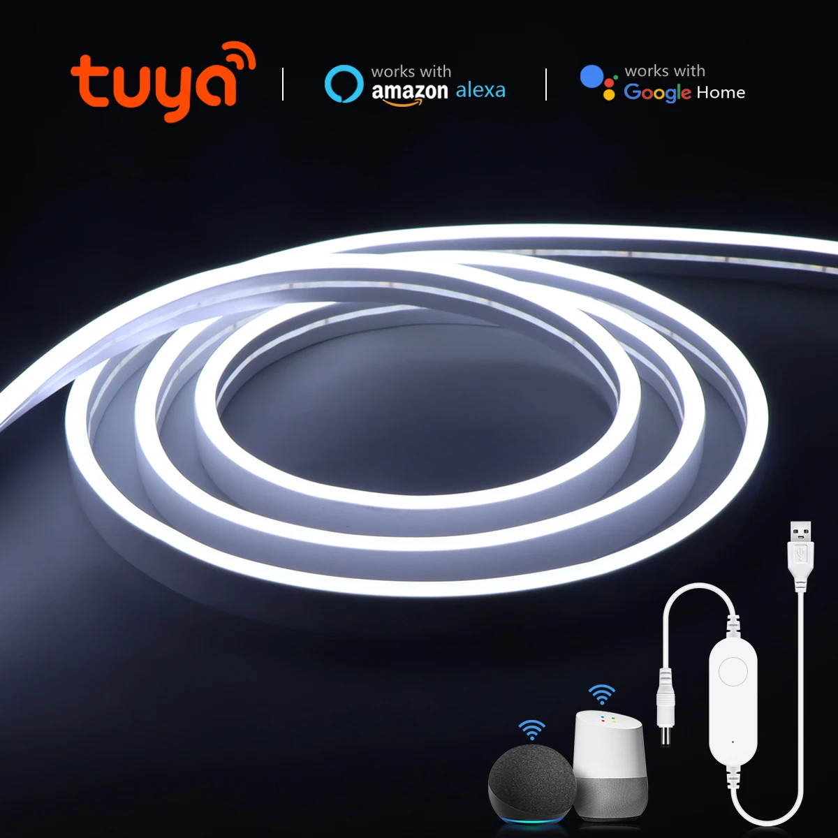 5V USB Tuya Smart Home WiFi Neon LED Strip 1M 2M 3M 5M White/Warm White Dimmable LED Strip Light Work With Alexa Google Home