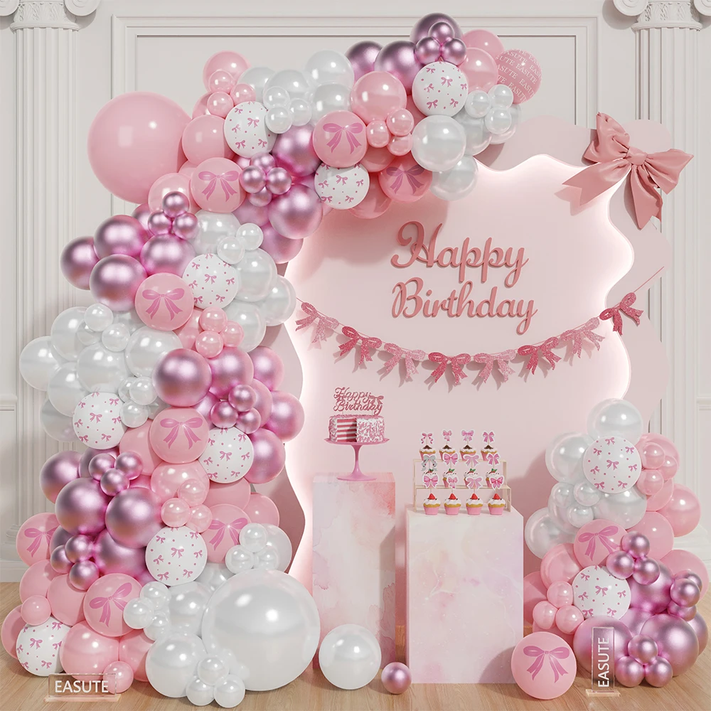 

134pcs Pink Bow Theme Balloon Garland Arch Pink White Latex Balloons for Wedding Birthday Party Supplies Baby Shower Decor