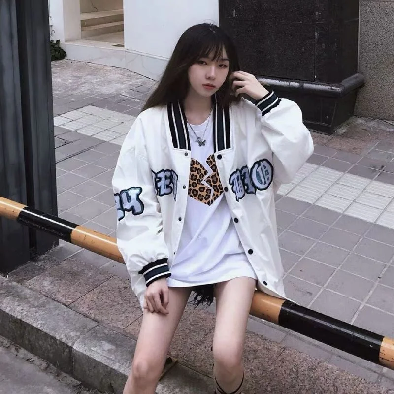 Trendy Hong Kong Style Women's Baseball Jacket Coat Loose Fit Long Sleeve Button Closure American Style Autumn Outerwear