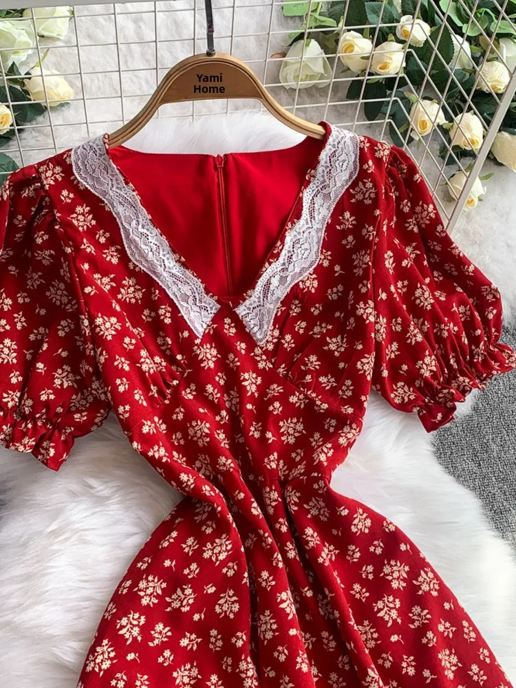 Red Floral Lace Splice V-ne Bubble Sve Dr Women's Summer Slimming Long Skirt High Waist A-line Midi Dr Korean Sle