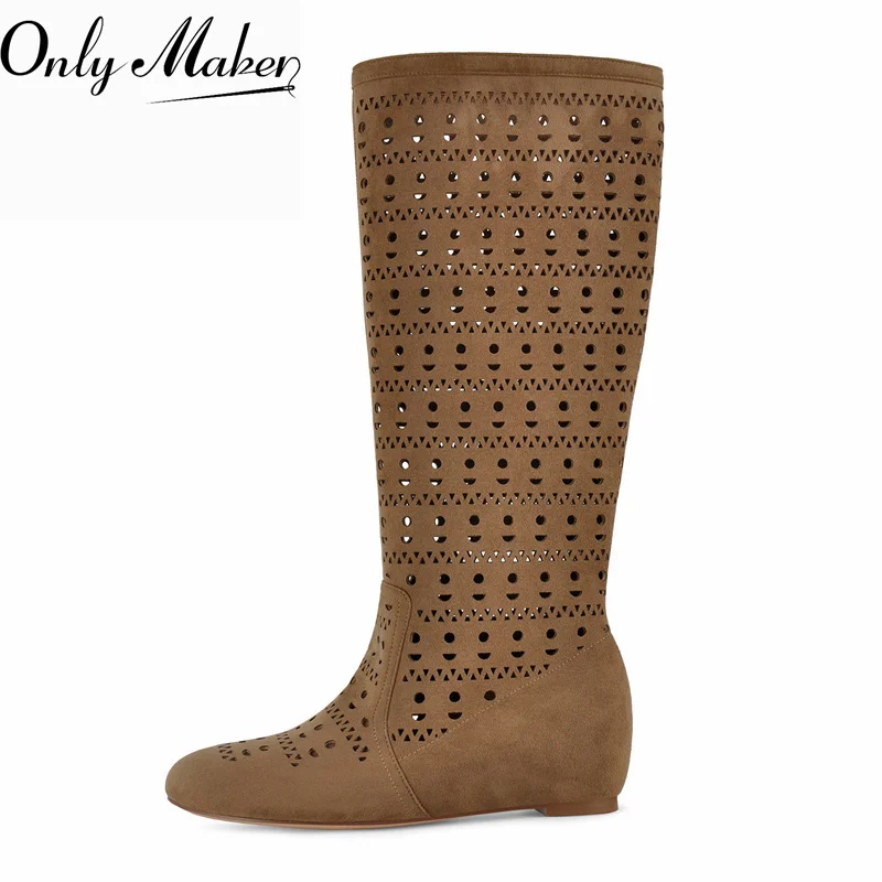 Onlymaker Women Round Toe Faux Suede Hollow Cutout Knee High Wedge Boots Wide Calf Hidden Low Wedge Heel Comfort Summer Boots