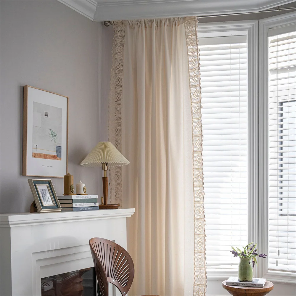 Cortinas semi-opacas de linho Clochef-Boho, bolso de haste, creme de fazenda, serapilheira de algodão artesanal, renda costurada, cortina de borla