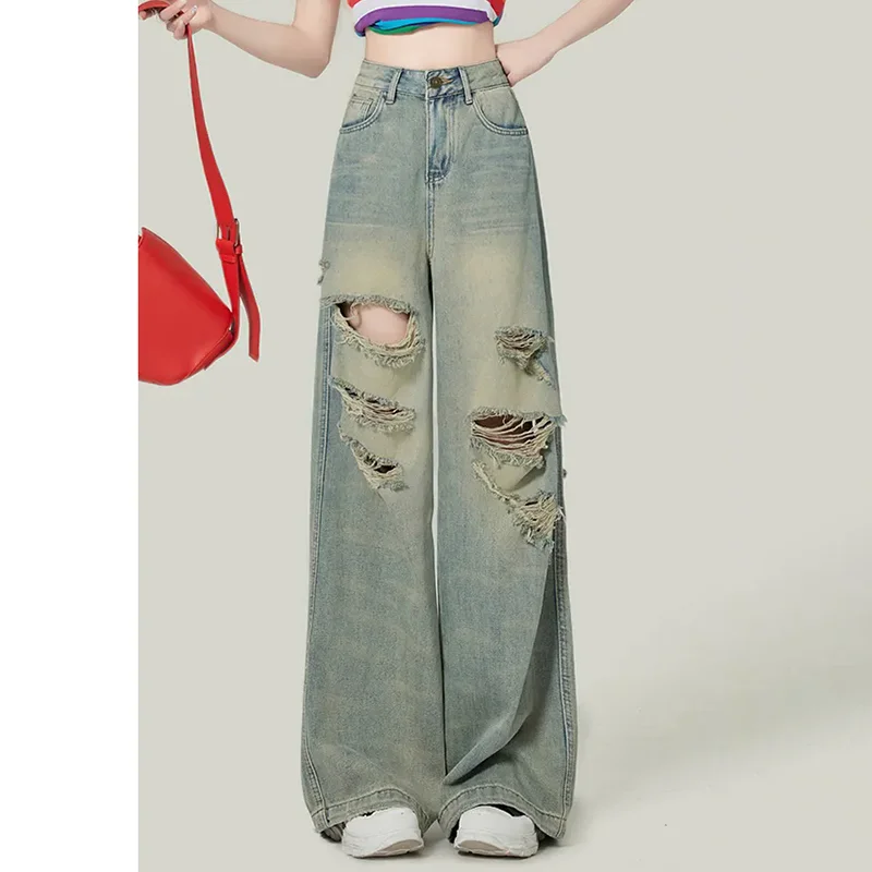 Calça Jeans rasgada de cintura alta feminina, calças largas, soltas, emagrecedoras, retrô, rua alta, novo design, primavera, verão, 2022