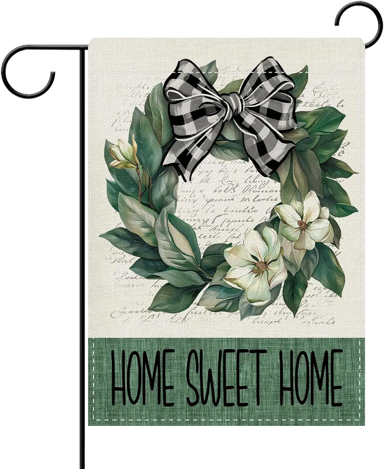 Dyrenson Home Sweet Home Wreath Decorative Garden Flag, Vintage Flower Buffalo Plaid Bow Yard Outside Home Decoration, Sprin IIC