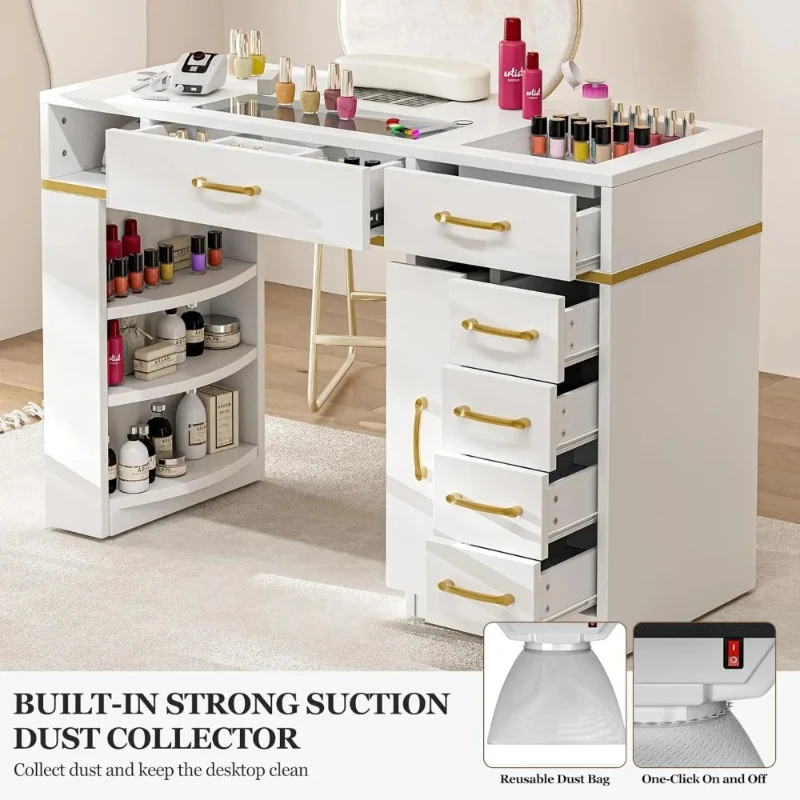 

Manicure Table Nail Station for Nail Tech Glass Top Nail Table Acetone Resistant W/Dust Collector 7 Drawers 3-Tier Shelves Table