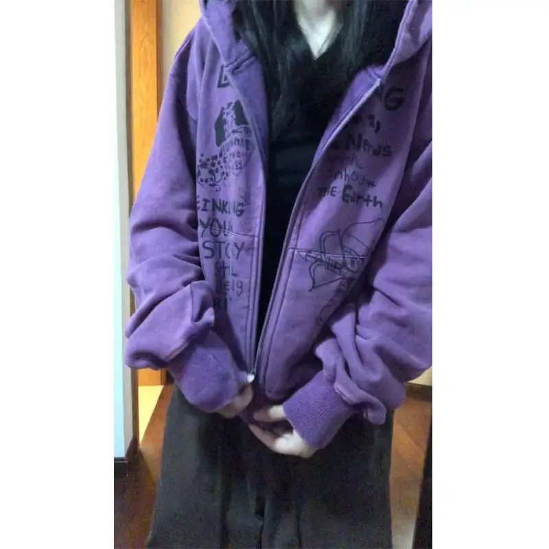 

woman's Deep Purple Zip-Up Hoodie -Graffiti Text & Graphic Print, Oversize Loose Fit, Street Retro Edgy Sweatshirt Spring Autumn